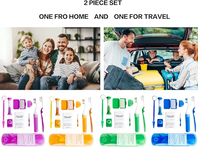 Wenge Portable Orthodontic Oral Care Kit - 2Pack - Travel Kit for Patients, Interdental Brushing Wax Floss Toothbrush Cleaning (Pink_Blue)
