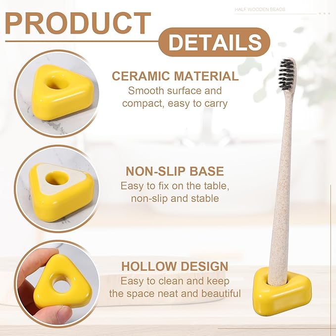 uxcell 2 Pcs Mini Ceramics Toothbrush Holder Stands, Sleek Mini Countertop Toothbrush Triangle Shape Ceramic Holder Stand for Bathroom Vanity Countertops, Yellow