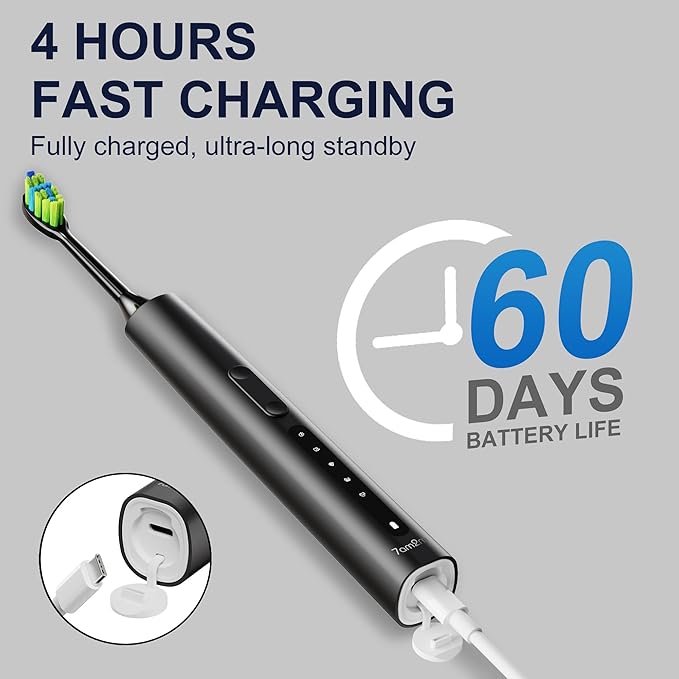 7AM2M Sonic Electric Toothbrush for Adults and Kids, 40000VPM Power Toothbrushes, USB-C Rechargeable with 4 Brush Heads, 5 Modes, 2 Minutes Built in Smart Timer, One Charge for 60 Days (Black)