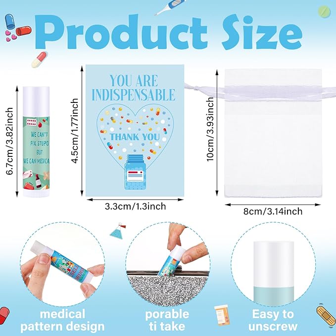 36 Set Pharmacy Gift Bulk Pharmacist Technician Funny Lip Balm Thank You Tag Organza Bag National Pharmacist Day Appreciation Gift for Medicine Tech Nurse Doctor Valentine's Day Accessories