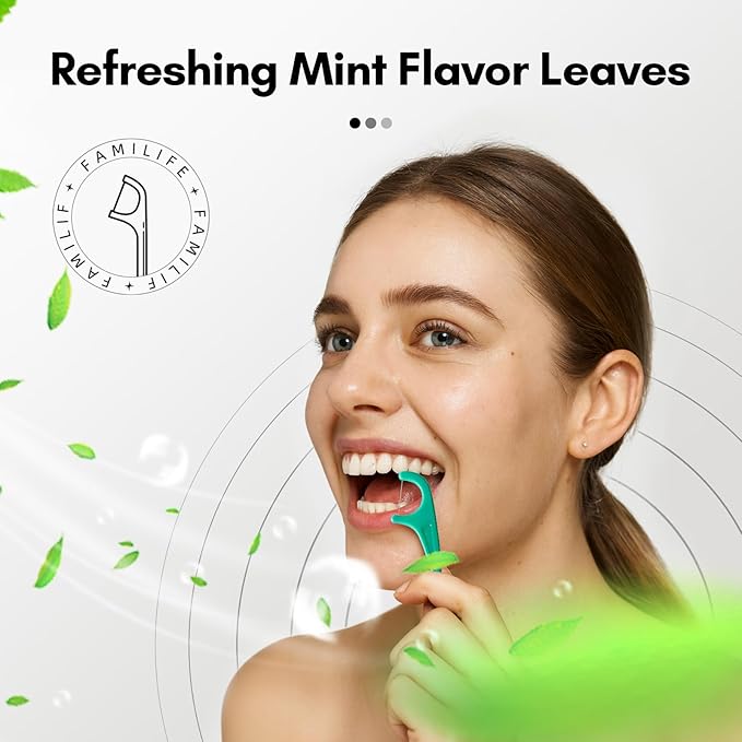 FAMILIFE Mint Floss Picks 90 Count Resealable Bag, Smooth Glide Dental Floss Picks for Adults & Kids, Durable Thread Flossers & Tooth Picks Flossers for Daily Floss and Fresh Breath Care