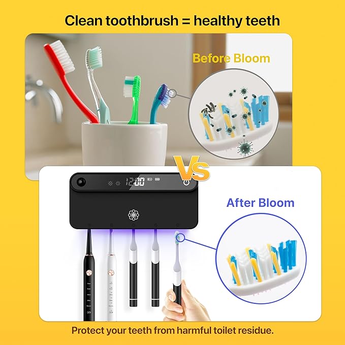 Bloom Toothbrush Sanitizer and Holder for Bathrooms Walls, Strong 3M Adhesive, Time Display, Long-Lasting Charge, 5 Slots for Any Size Toothbrush, White