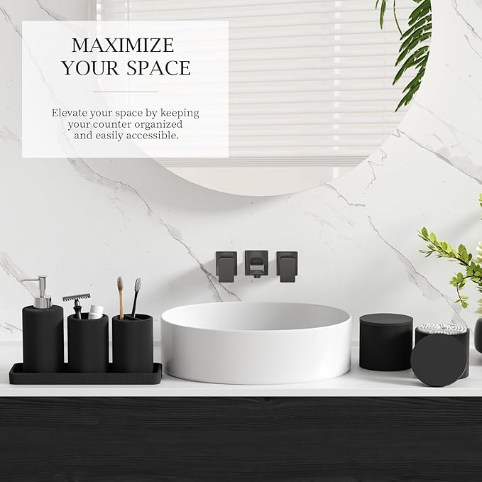 6-Piece Black Bathroom Set - Mesh Textured Resin Bathroom Accessories Set with Soap Dispenser, Toothbrush Holder, Cup, Vanity Tray & Apothecary Jars for Small Spaces