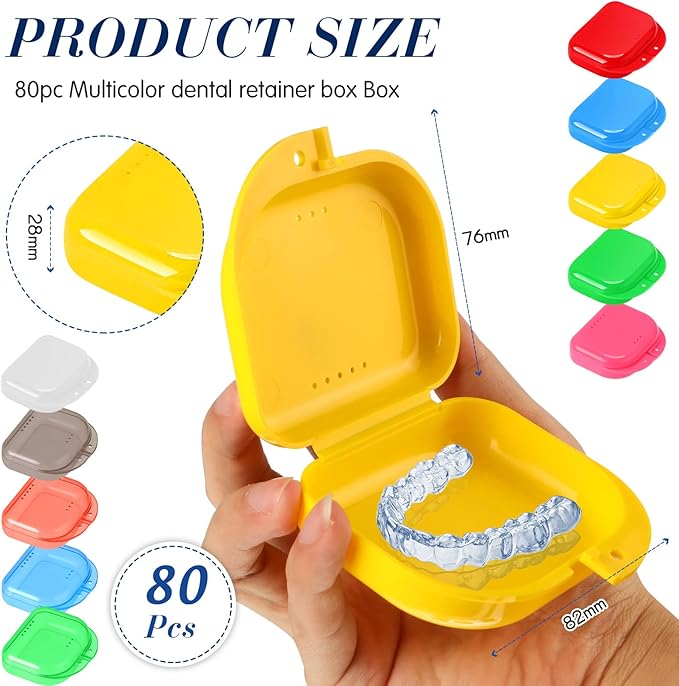 Tanlade 80 Pcs Dental Retainer Case with Vent Holes 3.4 x 2.8 x 1.1in Mouth Guard Case Assorted Retainer Holder False Teeth Container for Aligners, Travel,Night Guards, 10 Colors
