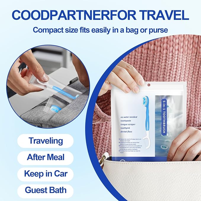 5 in 1 Mini Disposable Toothbrushes with Toothpaste Individually Wrapped Portable Travel Toothbrush with Toothpaste + Tongue Scraper + Picks+Floss Travel Case (Mint, 26)