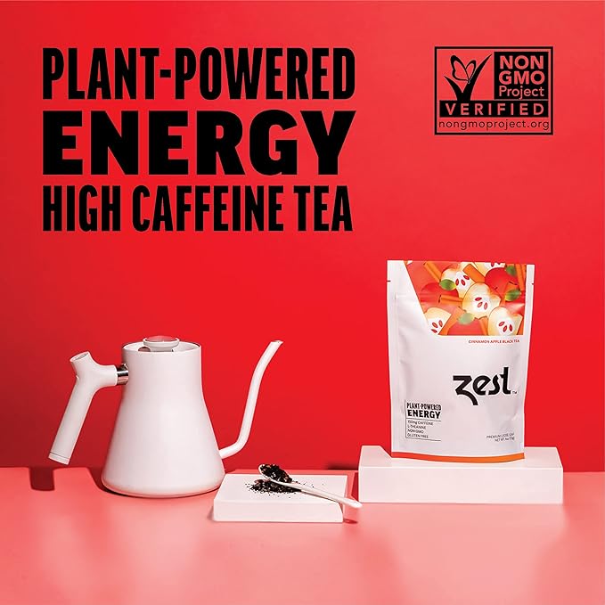 Zest 150mg High Caffeine Energy Loose Leaf Blend - Cinnamon Apple Black Tea - 4 Oz - All Natural Strong Flavored Healthy Coffee Alternative Highly Caffeinated Substitute - Perfect for Keto Diet