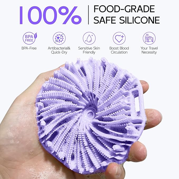Silicone Body Scrubber 2-Pack - Exfoliating Shower Brush with Silver-Infused Design | Black & Purple