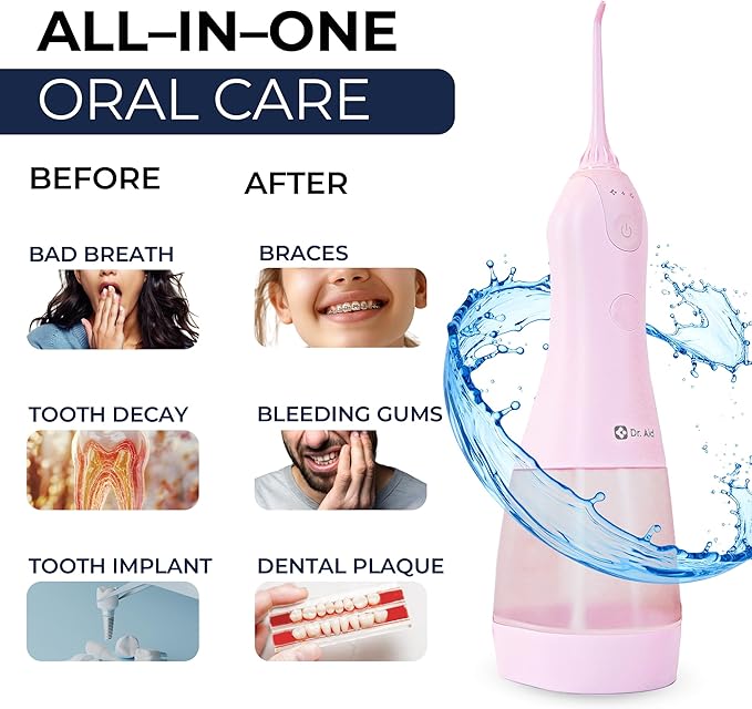 Dr. Aid Dental Water Flosser – Portable Oral Irrigator – 11Oz Tank, Water Filter, 5 Tips, Magnetic Charger – IPX8 Waterproof Cordless Water Flosser, Ideal Water Flossers for Teeth, Gums (Pink)