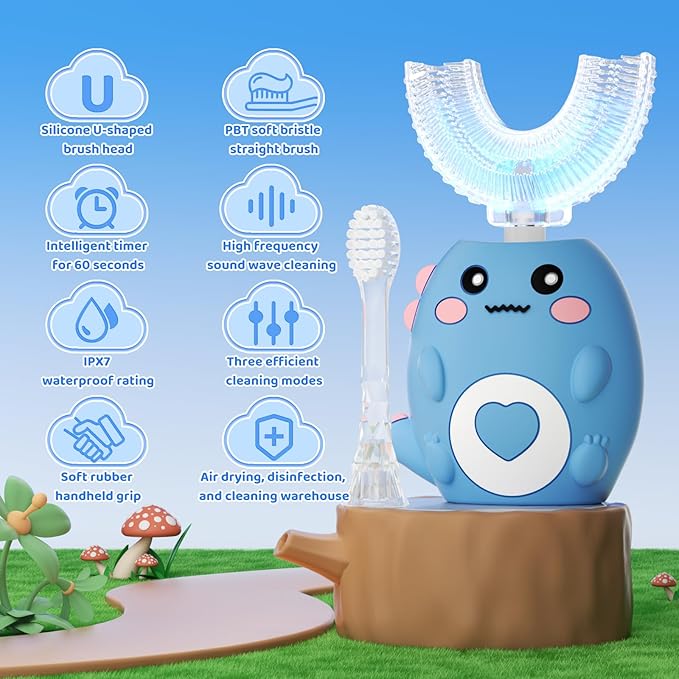 Kids U Shaped Electric Toothbrush, with 3 Cleaning Modes, with 4 Brush Heads, 360° Sonic Automatic Toothbrush, IPX7 Waterproof Cartoon Dinosaur Design (Ages 2-12)