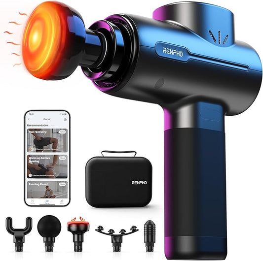 RENPHO Massage Gun with Heat, Valentines Birthday Gifts for Women Men, Portable Muscle Percussion Massager with Bluetooth for Back and Neck, 5 Replaceable Heads, Carry Case