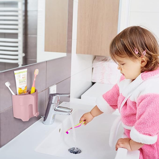 RyanLemon Elephant Toothbrush Holder for Toddler, Suction Cup Cute Toothbrush Holder for Kids, for Bathroom, with 3 Slots and 1 Hook, Pink