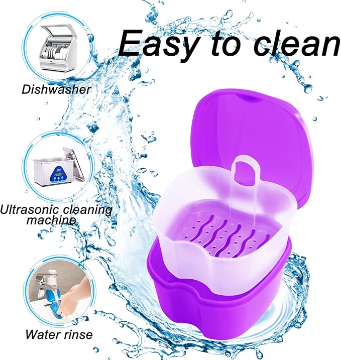 Colorful Denture Bath Case with Brush, Denture Cup Soaking Holder False Teeth Container Mouth Guard Storage Case Cleaning with Lid Waterproof - Purple