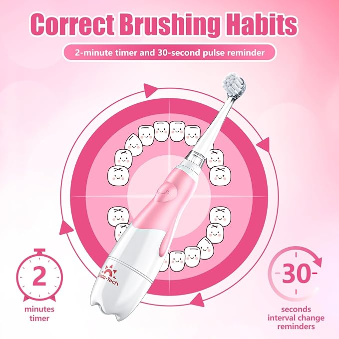 DADA-TECH Toddler Electric Toothbrush Kids Age 1-2-3 Years Old, Baby Electric Toothbrush with LED Light 2 Minutes Timer 4 Vibrating Heads for Infants Toothbrush 6 to 12 Months and Up (Pink)