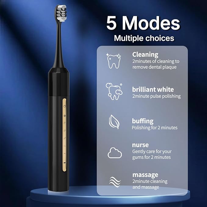 Lumivoid Sonic Electric Toothbrush with 10 Brush Heads for Adults and Children, Up to 30 Days on a Single Charge, 5 Modes, Built-in 2-Minute Smart Timer, IPX8 Waterproof Electric Toothbrush (Black)