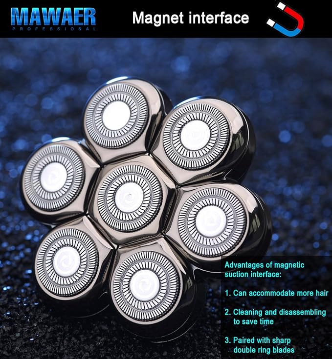 Universal Magnetic 7 Blades Head Shaver Replacement Heads Compatible with Freedom Eagle Shaver, Compatible with mainstream shaver brands， Universal replacement heads (7 Silver)