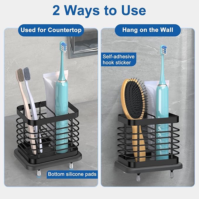 Toothbrush Holders for Bathroom, Adhesive Electric Toothbrush Holder with Fast Dry Tray Wall Mounted Toothbrush Holder Shower Toothpaste Bathroom Organizer Essentials, 2 Slots, Black