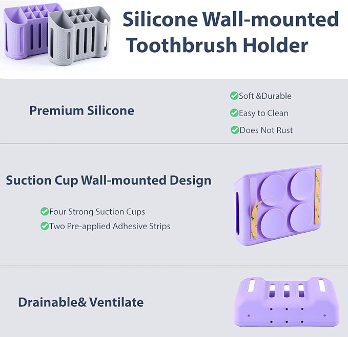 Wall-Mounted Silicone Toothbrush Holders for Bathrooms, Electric Toothbrush, Shaver and Toothpaste Holder, Multiple Slots, Suction Pad& Adhesive Tape, Bathroom Organizer, Bathroom Accessories (Purple)