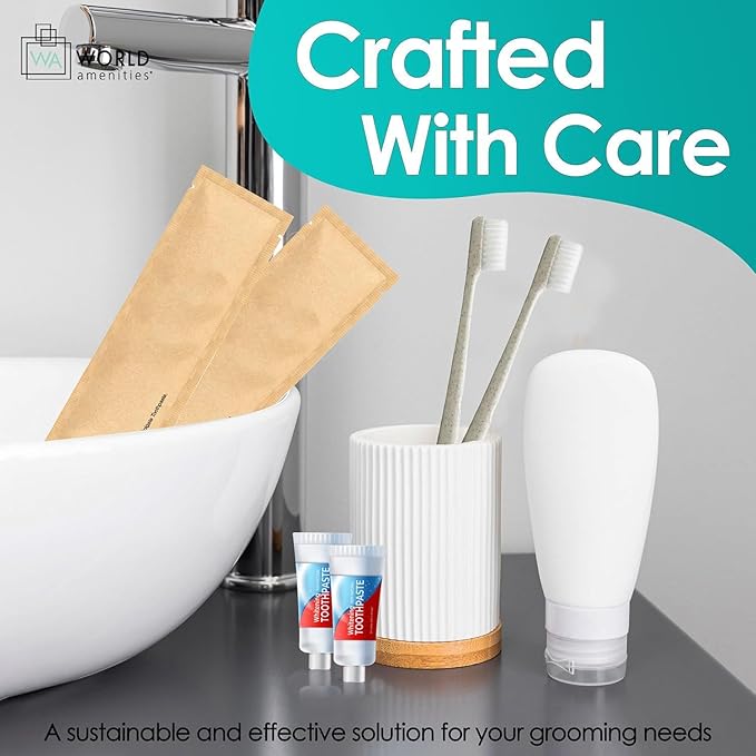 World Amenities Kraft Paper Dental Kit - Wheat Straw Toothbrush and Toothpaste Dental Care Kit (25)