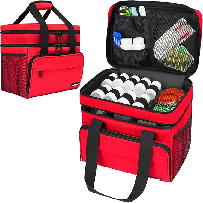 LIZSEN Large Medicine Storage Bag, Double Layer Pill Bottle Organizer Storage Bags with Lockable Zipper, Medication Travel Bag Carrying Case for Men Women (Red)