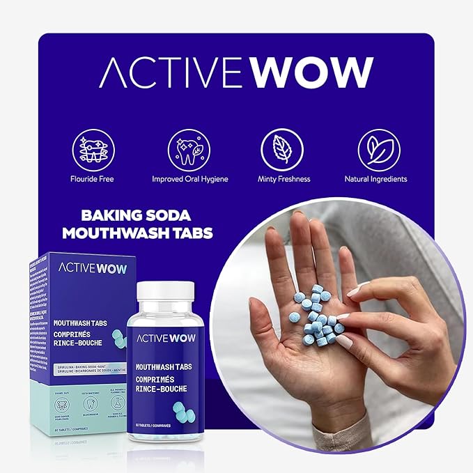 Active Wow Mouthwash Tablets - Chewable Mouth Wash, Breath Freshening Tablets, Fluoride-Free, Alcohol-Free, Vegan, Sugar-Free, Mint Flavor - 1 Pack, 60 Tablets