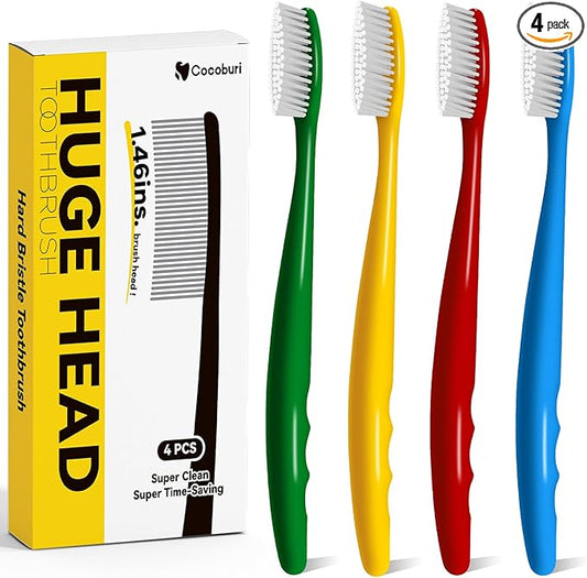 Huge Head Toothbrush Hard Toothbrushes for Adults Hard&Firm Toothbrush Bristles BPA Free Oral Care 4 Packs