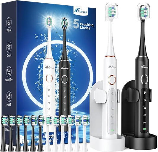 Rtauys 2 Pack Electric Toothbrush for Adults - 2 Rechargeable Electric Toothbrushes with 12 Brush Heads & 2 Travel Cases, Power Electric Toothbrush with Holder, 120 Days Battery Life - Black+White