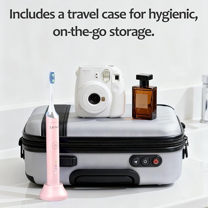 Lächen Electric Toothbrush for Adults – Sonic Rechargeable, 5 Modes & Smart Timer, Travel Case & Wireless Charging, 4 Brush Heads, IPX7 Waterproof (Pink)