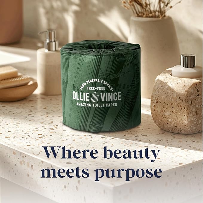 Ollie & Vince Bamboo Toilet Paper | Sustainable, Eco-Friendly, Plastic-Free & Tree-Free, Organic | 12 Rolls, 3-Ply, Soft, Strong & Septic Safe, Unscented | Premium Bathroom Tissue