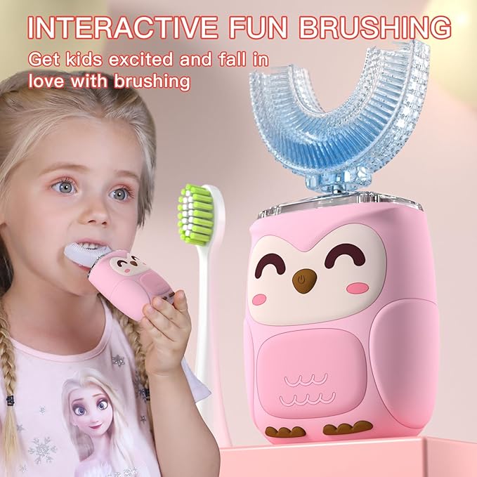 Kids Electric U Shaped Toothbrush Kids Sonic Toothbrush with 4 Soft Brush Head Automatic Full Mouth 6 Cleaning Mode-(Age8-15 Pink)