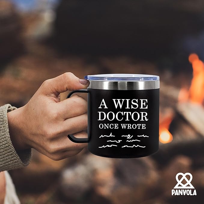 A Wise Doctor Once Wrote Insulated Coffee Cup 14oz With Handle And Lid Doctor Gifts Physician Medical Student MD Dr Husband Wife Dad Mom Stainless Steel Vacuum Insulated Camping Travel Mug (Black)