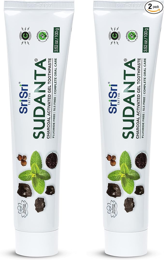 Sri Sri Tattva Sudanta Charcoal Toothpaste Gel – SLS, Fluoride Free Herbal Toothpaste with Neem & Ayurvedic Herbs – Natural Teeth Whitening, Fresh Breath, Oral & Gum Health – 100g Tube (Pack of 2)