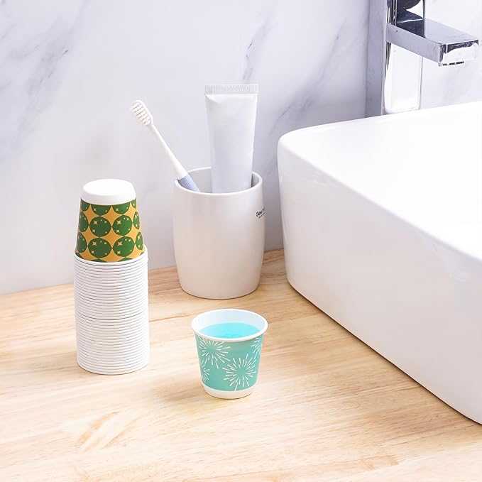 Tamone 600 Pack 3 oz Bathroom Cups, Small Paper Cups, Mini Disposable Cups Fireworks Design, Blue, Green Mouthwash Cups for Party, Picnic, BBQ, Travel, Home and Event