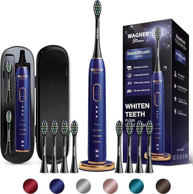 Wagner Stern IntelliBrush Series Whitening Electric Toothbrush with Pressure Sensor. Offers 4 Brushing Modes, 3 intensities, 8 Soft Brush Heads, and a Luxury Travel case.