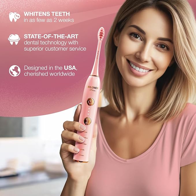 Wagner Stern WT8900 Series Electric Toothbrush – Whitening & Pressure Sensor, 5 Modes, 3 Intensities, 8 Soft Brush Heads, Rechargeable, Travel Case Included