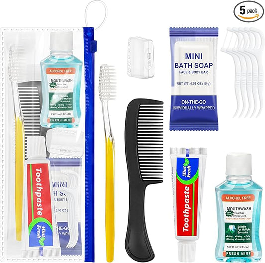 Xuezoioy Personal Hygiene Kit Bulk Pack of 5,Yellow Basic Travel Toiletry Set Disposable Toothbrushes with Toothpaste Mouthwash Floss Comb Cover and Zip Bag for Homeless,Charity,Guests