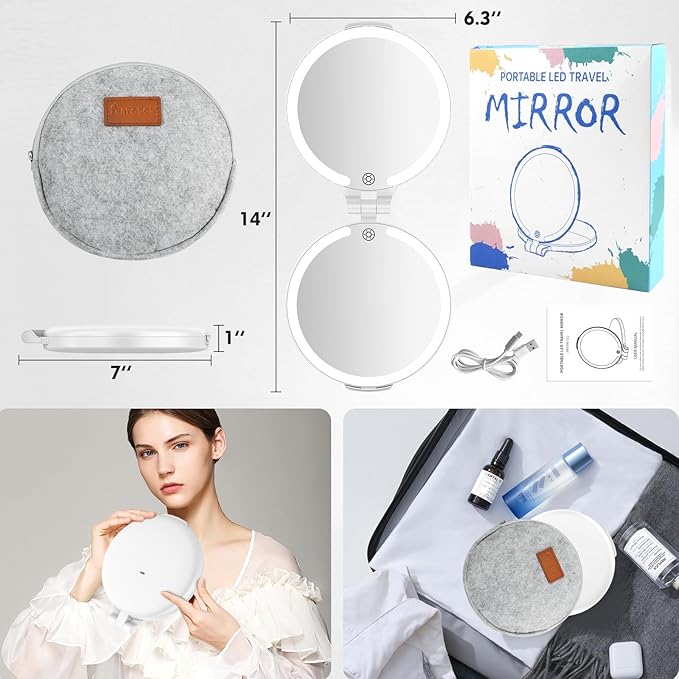FUNTOUCH Travel Mirror with Light, 1X/10X Double Sided Magnification Makeup Vanity Mirror with 3 Color Setting, Chargeable Foldable Portable Travel Essential Vanity Mirror with Bag