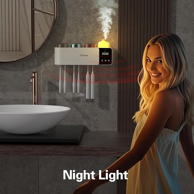 iHave Toothbrush Holders with UV Toothbrush Sanitizer, Aromatherapy Diffuser & IR Night Light - 4-Hour Smart Cruise Disinfection, Auxiliary Combo Drying - Wall-Mounted Bathroom Organizer with 3 Cups