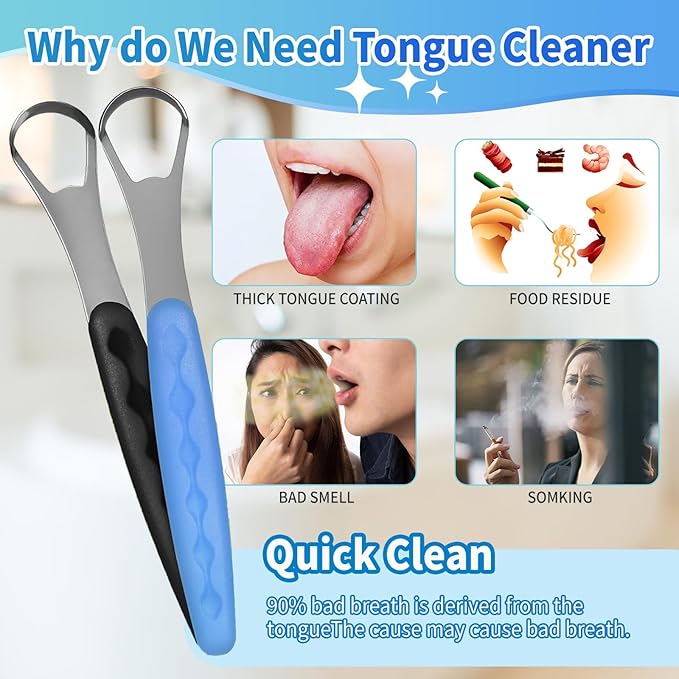 4-Pack Colorful Tongue Scraper for Adults with Travel Case, Stainless Steel, Metal Tongue Brush for Bad Breath, Oral Hygiene Tool, Easy to Use & Portable