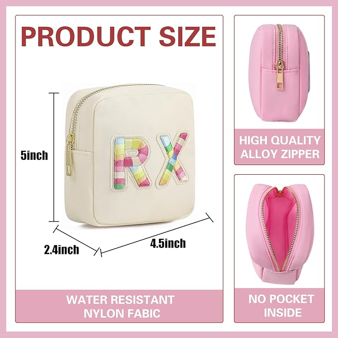 uekeboag 2Pcs Personalized Nylon Rx MEDS Cosmetic Bag, Cute Chenille Letter Patch Medicine Drug Pouch with Zipper,Preppy Makeup Travel Vitamin Bag for Women and Girls (RX+MEDS)
