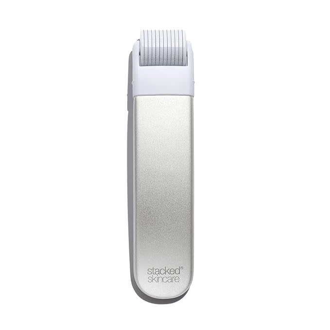 StackedSkincare Microneedling Roller with Replaceable 0.2mm Stainless Steel Needle Head - Gentle Micro Needle Roller for Face, Scalp & Body - Ergonomic Aluminum Handle for Smooth, Even, Radiant Skin