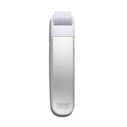 StackedSkincare Microneedling Roller with Replaceable 0.2mm Stainless Steel Needle Head - Gentle Micro Needle Roller for Face, Scalp & Body - Ergonomic Aluminum Handle for Smooth, Even, Radiant Skin