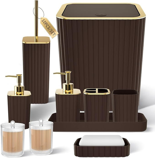 Bathroom Accessories Set - Gorgeous Bathroom Set, 10PC Brown Bathroom Accessories, Bathroom Accessory Set, Toilet Brush, Trash Can, Qtip Holder Dispenser & Soap Dispenser