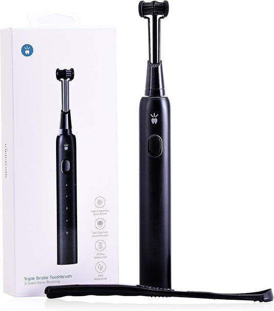 Triple Bristle Max Sonic | 3 Sided Toothbrush w/ 4 Modes | Dentist Created & Approved Triple Sided | Soft Charcoal Infused Nylon Bristles | Rechargeable & Waterproof
