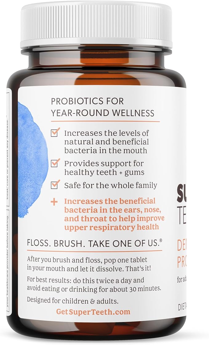 SUPER TEETH Chewable Dental Probiotic + ENT Protection for Kids & Adults | BLIS K12 + M18 Probiotics | Oral Health, Sinus, Throat & Immune Support | 60 Natural Peach Flavored Tablets