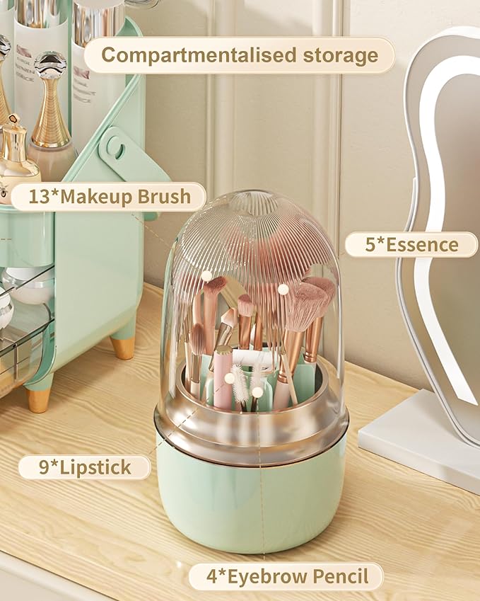 Makeup Brush Holder for Vanity - 360 Rotating Makeup Brush Organizer (Thicken Upgraded), Toothbrush Holder with Cover, Cosmetic Organizer (Green)