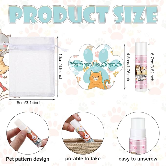 36 Sets Vet Tech Gift Animal Lip Balm Thank You Tag Organza Bag Veterinarian Appreciation Gifts Vet Tech Week Gift for Veterinary Technologist Nurse Valentine's Day Birthday Supplies