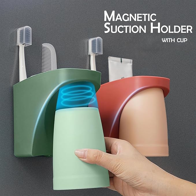 2 in 1 Magnetic Cup Toothbrush Holder for Bathroom,Wall Mounted Drill-Free Electric Toothbrushes Storage Organizer Space Saving, for Waterpik Oral-B, Family Father Mother and Son/Daughter (Rosepink)