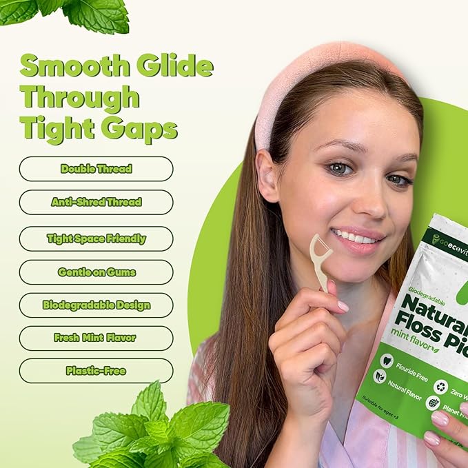 Biodegradable Dual Thread Floss Picks - Natural Straw Wheat Handle | Tight Gap Dental Flossers for Adults | Gentle on Gums & Teeth | Eco Friendly, Vegan, Natural (200 Pack, Mint)