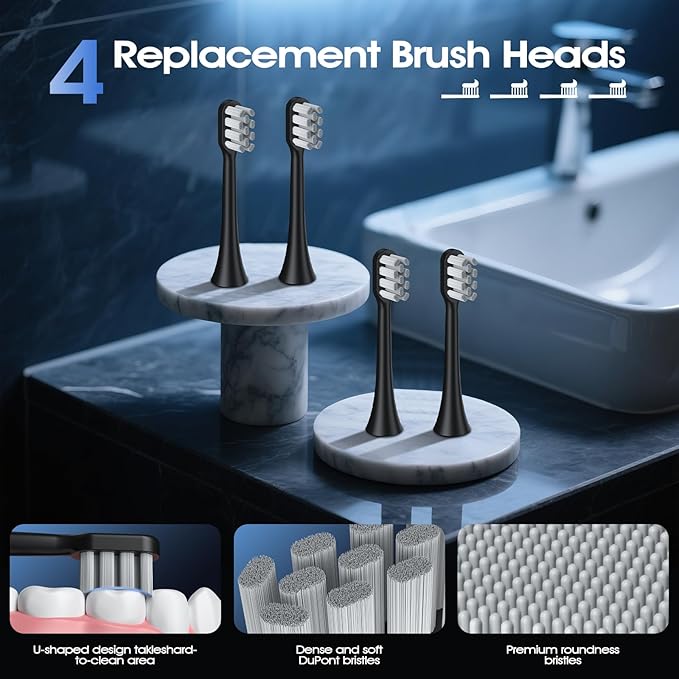 Sonic Electric Toothbrush for Adults - 41,000 VPM Deep Clean with 4 Brush Heads, 5 Modes, 100-Day Battery Life, IPX7 Waterproof Rechargeable Toothbrushes Built-in Smart Timer | Perfect for Home/Travel