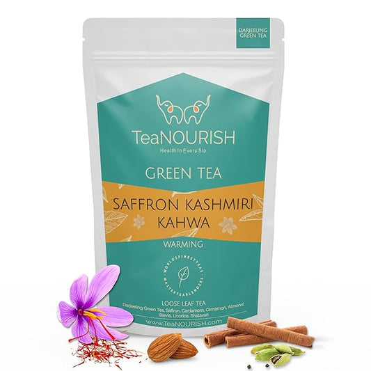 TeaNOURISH Saffron Kashmiri Kahwa | Loose Leaf Green Tea | Saffron, Cardamom, Cinnamon, Almond | Warming & Soothing | Improves Digestion, Boosts Immunity - 3.53oz/100g